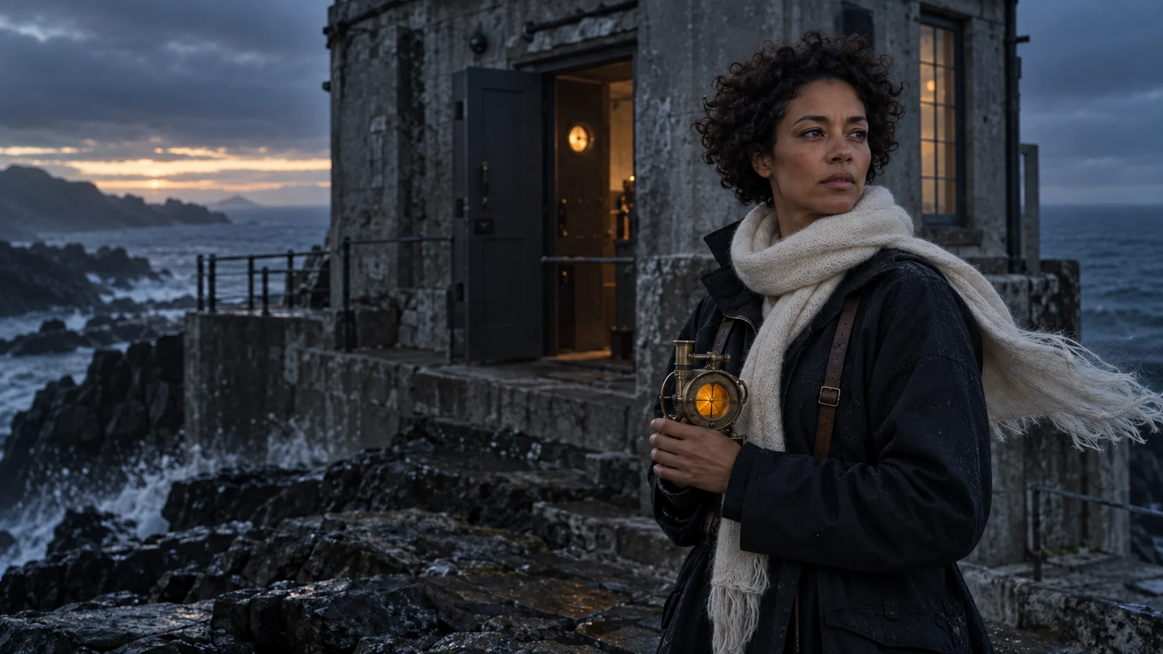 Illustrative film still of a cartographer arriving at a coastal signal house