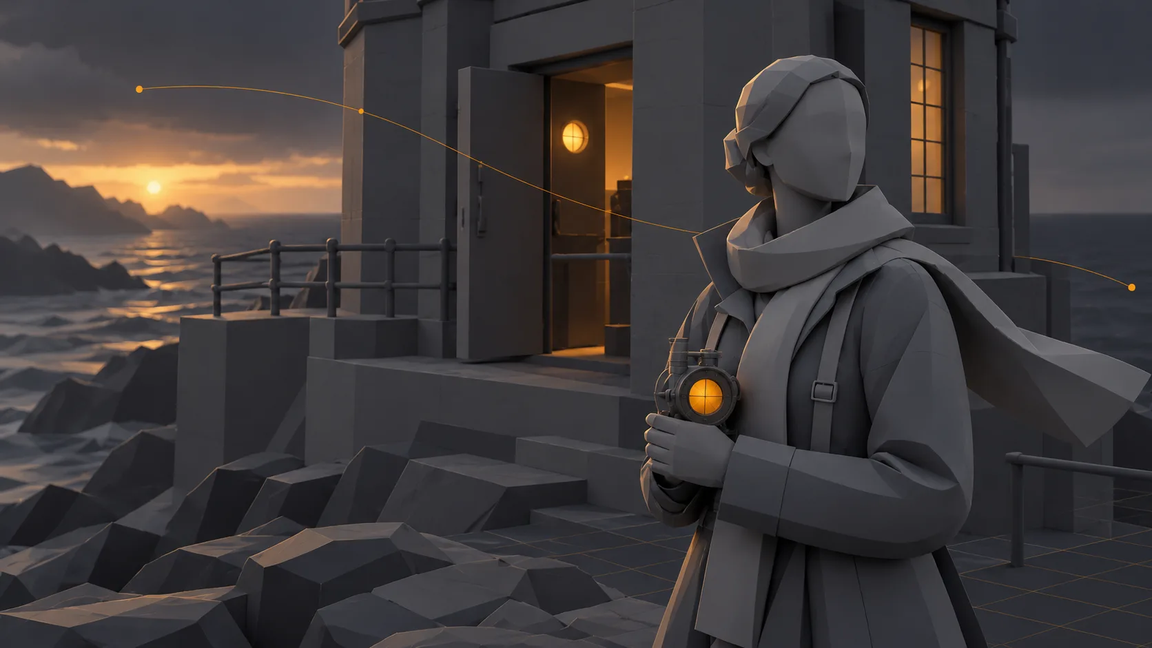 Illustrative 3D blockout placing a character, prop and camera path beside a coastal building